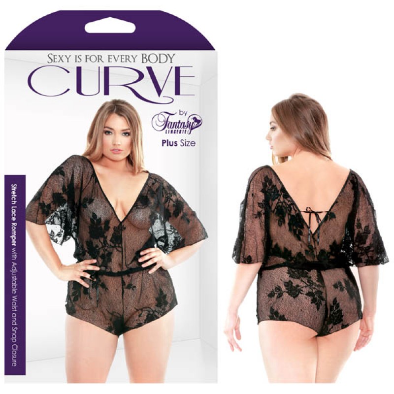 Fantasy Lingerie Curve Nelly Stretch Lace Romper With Adjustable Waist & Snap Closure 1X/2X